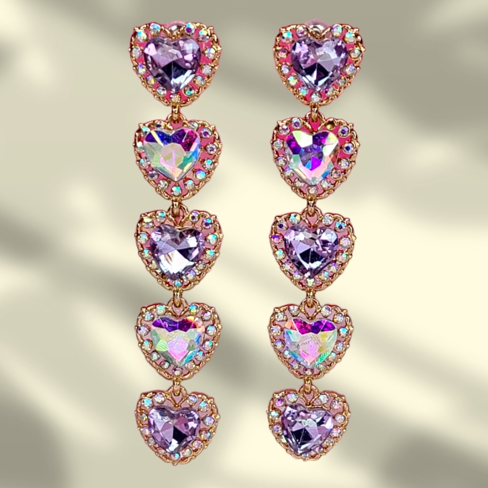 Purple Heart Rhinestone Drop Earrings